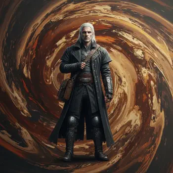 Forum avatar of a bounty hunter with long white hair, dressed in dark leather armor, standing confidently against a swirling brown and gold vortex background.
