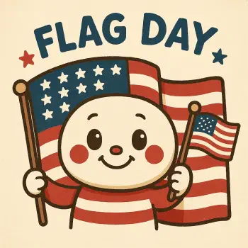 Cartoon character holding two American flags with FLAG DAY text above, celebrating the American flag and Flag Day in a cheerful forum avatar style.