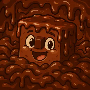 Cartoon-style fudge square with a happy face surrounded by flowing chocolate fudge, designed as a playful dessert-themed forum avatar.