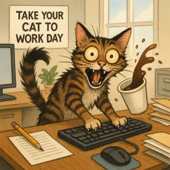 A crazy-eyed cat causing chaos at an office desk with a spilled coffee cup, under a sign that reads Take Your Cat to Work Day.