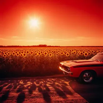 A vibrant summer-themed forum avatar showing a bright sun over a sunflower field with the front of a red classic car under a warm orange sky.