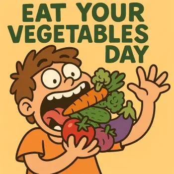Cartoon avatar of a person humorously eating a bunch of vegetables with the text EAT YOUR VEGETABLES DAY above them.