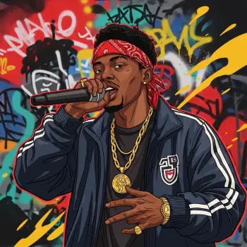 Illustration of a hip hop artist with a red bandana, gold chain, and rings, holding a microphone against a vibrant graffiti background, used as a forum avatar.