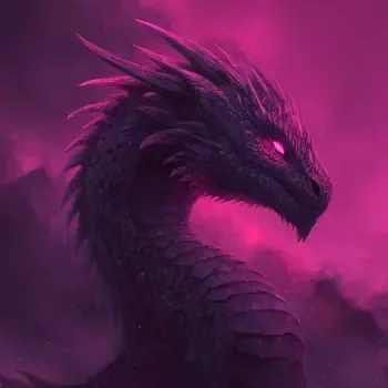 Fantasy-themed dragon with glowing pink eyes and dark scales set against a vibrant pink and purple smoky background, designed as a striking forum avatar.
