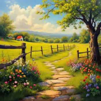 Vintage spring scene featuring a sunlit countryside path lined with colorful wildflowers, a wooden fence, and a distant house under a bright blue sky, used as a forum avatar.