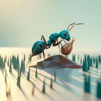 Low-poly 3D ant carrying a leaf, set against a blurred background, used as a forum avatar/profile photo.