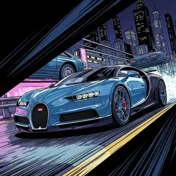 Stylized digital artwork of a blue Bugatti speeding through a futuristic cityscape, used as a forum avatar.
