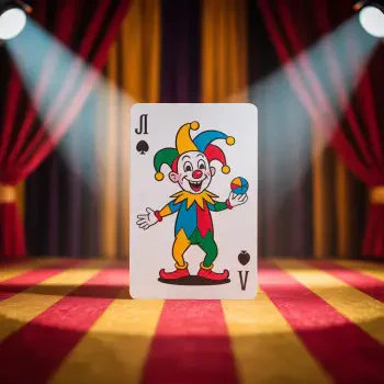 A playing card featuring a colorful jester, used as a forum avatar against a stage backdrop with red curtains and spotlights.