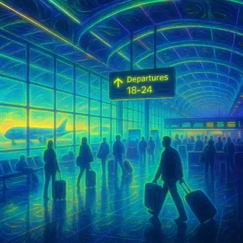 Glowing digital art of an airport terminal with travelers and luggage under a Departures 18-24 sign, used as a vibrant forum avatar image.