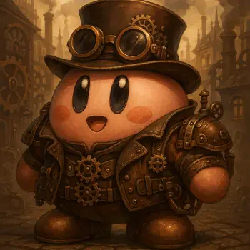 Steampunk-themed Kirby dressed in leather gear and goggles, set against a background of industrial gears and smokestacks, styled as a forum avatar.
