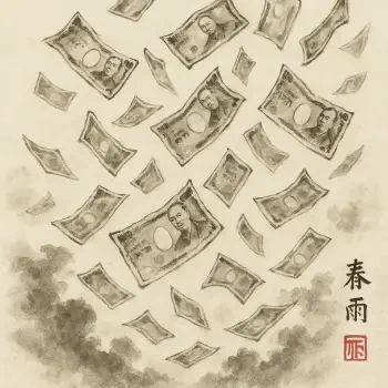 Sepia-toned illustration of money raining down, used as a forum avatar/profile photo, with stylized clouds and East Asian calligraphy in the corner.