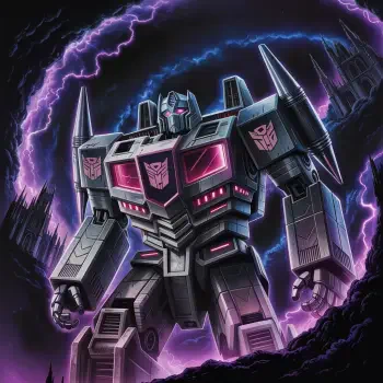 Forum avatar featuring Megatron standing powerfully amidst a dark, stormy backdrop with glowing purple lightning and futuristic cityscape elements.