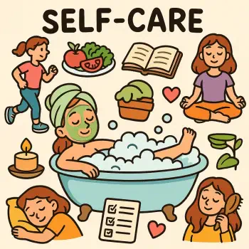 Forum avatar depicting various self-care activities like running, healthy eating, reading, meditation, skincare, relaxing bath, sleep, and drinking tea, promoting wellness and balance.