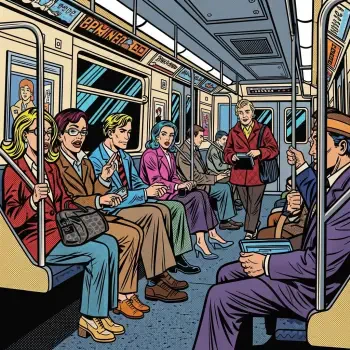 Illustrated subway interior showing diverse passengers seated and standing, captured in a stylized comic art style for a forum avatar.