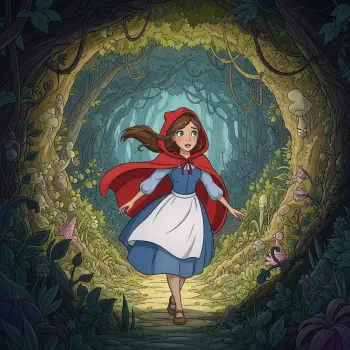 Forum avatar featuring Red Riding Hood walking cautiously through a dark, enchanted forest tunnel framed by twisted branches and glowing foliage.