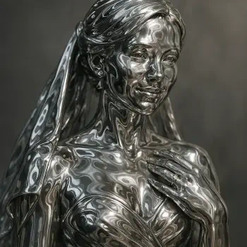 Avatar image of a reflective metallic sculpture depicting a bride with a veil, tagged fiance, shown in a polished, futuristic style.