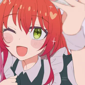 Close-up anime avatar of Ikuyo Kita from Bocchi the Rock!, featuring her red hair, green eye, and cheerful expression.