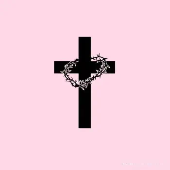 Black Christian cross with a crown of thorns wrapped around it, set against a light pink background as a religious forum avatar.