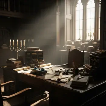 A dimly lit desk cluttered with books, scrolls, and a candelabra, bathed in soft light from tall windows, used as a forum avatar.