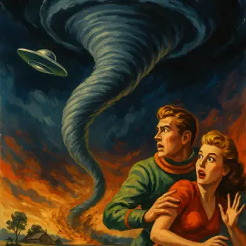 Forum avatar depicting a man and woman looking anxiously at a large tornado swirling in a stormy sky, with a flying saucer hovering nearby.