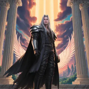 Sephiroth from Final Fantasy stands confidently with angelic wings behind him, framed by classical columns and a dramatic sunset sky.