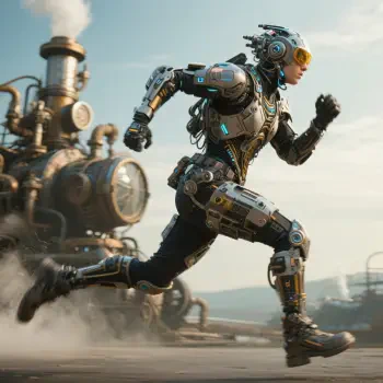 Futuristic robotic figure in dynamic running pose, set against an industrial backdrop, used as a forum profile avatar.