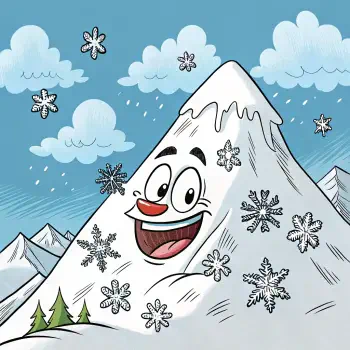 Cartoon avatar of a smiling snowy mountain with animated facial features, surrounded by snowflakes and a bright blue sky with clouds.
