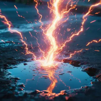 A vibrant lightning bolt striking a puddle on dark ground, creating bright electric sparks and dynamic reflections, used as a forum avatar.