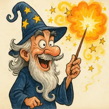 Cartoon wizard with a long white beard and starry hat casting a bright magic spell, used as a forum avatar.