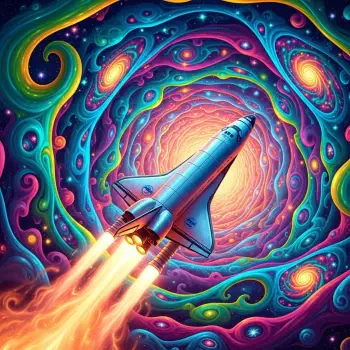A vibrant, swirling cosmic vortex with a detailed shuttle launching forward, used as a colorful and dynamic forum avatar image.