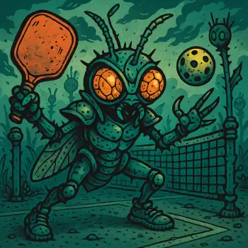 Illustration of an anthropomorphic insect playing pickleball, holding a paddle and hitting a ball on a court, designed as a stylized forum avatar.