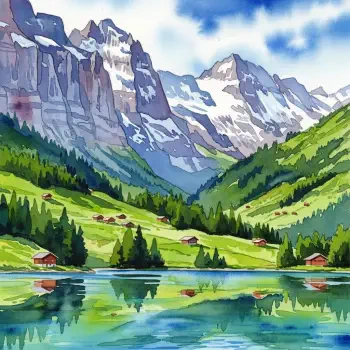 Watercolor-style forum avatar of a serene Swiss mountain landscape with snow-capped peaks, green valleys, scattered cabins, and a reflective lake under a bright sky.