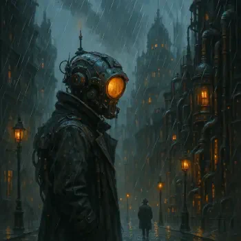 Profile photo of a figure in a vintage diving helmet standing in rainy, dimly lit urban streets with glowing windows and street lamps.