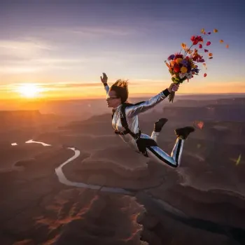 Forum avatar of a skydiver in a silver suit joyfully holding a bouquet of flowers while freefalling over a winding river at sunset.
