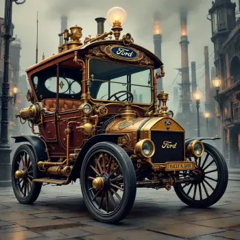 Antique Ford car with ornate brass details, vintage design, and a glowing headlamp, set against an industrial backdrop, used as a forum avatar.