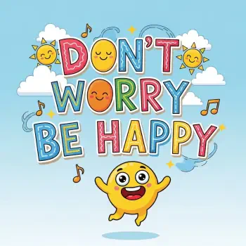 Colorful Don't Worry Be Happy text with smiling sun and cheerful emoji, surrounded by clouds and musical notes, used as a bright and uplifting forum avatar.