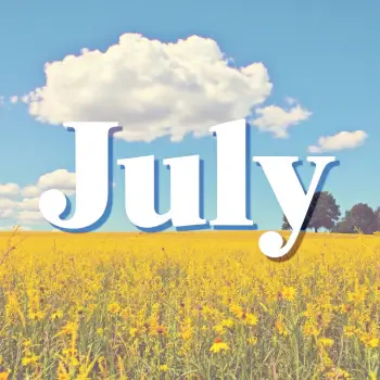 Forum avatar featuring the word July in bold white letters over a bright field of yellow flowers under a partly cloudy blue sky.