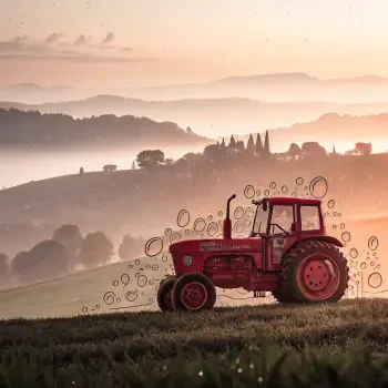 Forum avatar/profile photo featuring a red tractor on a misty hillside at sunrise with hand-drawn bubbles around it.