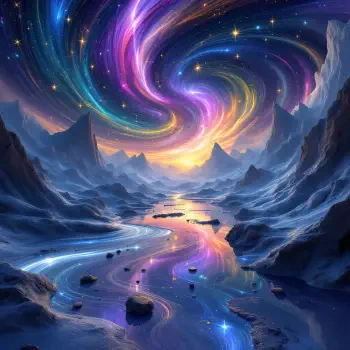 HDR image of a vibrant, swirling galaxy above a reflective river winding through jagged mountains, capturing a cosmic and fantastical landscape for a forum avatar.