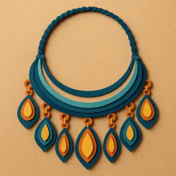 Stylized forum avatar featuring a graphic turquoise and orange necklace with layered teardrop-shaped pendants on a beige background.