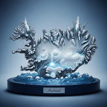 A glowing 3D model of Iceland with icy textures and a luminous centerpiece, displayed on a round stand labeled Iceland, used as a forum avatar.