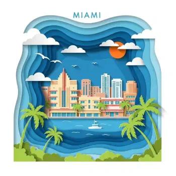 Stylized layered paper-cut illustration of Miami skyline with palm trees, ocean, clouds, birds, and an orange sun in a vibrant blue sky.