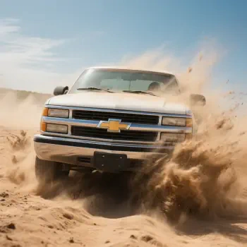 Front view of a Chevrolet truck kicking up sand, used as a dynamic forum avatar/profile photo.