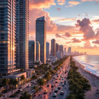 Miami skyline at sunset with tall buildings, a busy coastal road, palm trees, and a vibrant beach scene, used as a forum avatar.