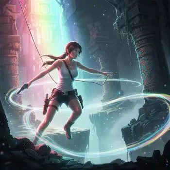 Tomb Raider-themed forum avatar showing Lara Croft in action, surrounded by glowing magical rings inside an ancient, dimly lit temple.