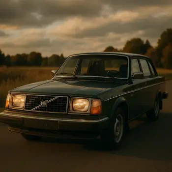 Classic Volvo sedan captured at dusk, with headlights glowing softly against a scenic rural backdrop, used as a forum avatar image.