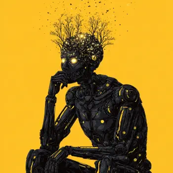 Sci-fi forum avatar/pfp of a contemplative black robot with glowing brain-like lights and branching tree-growths on its head, posed thinking against a vivid yellow background.