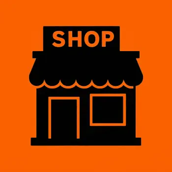 Forum avatar/pfp: black shop storefront icon with SHOP above the awning on a bright orange background.