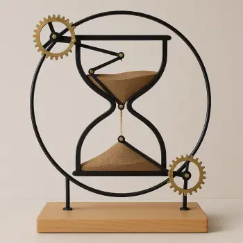 Forum avatar/pfp: stylized hourglass with black metal frame, flowing sand and brass gears inside a circular stand on a wooden base.
