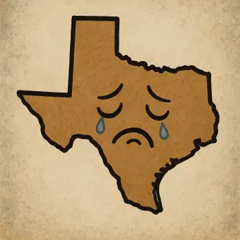 Forum avatar showing the outline of Texas with a sad frown and two teardrops on a textured beige background.